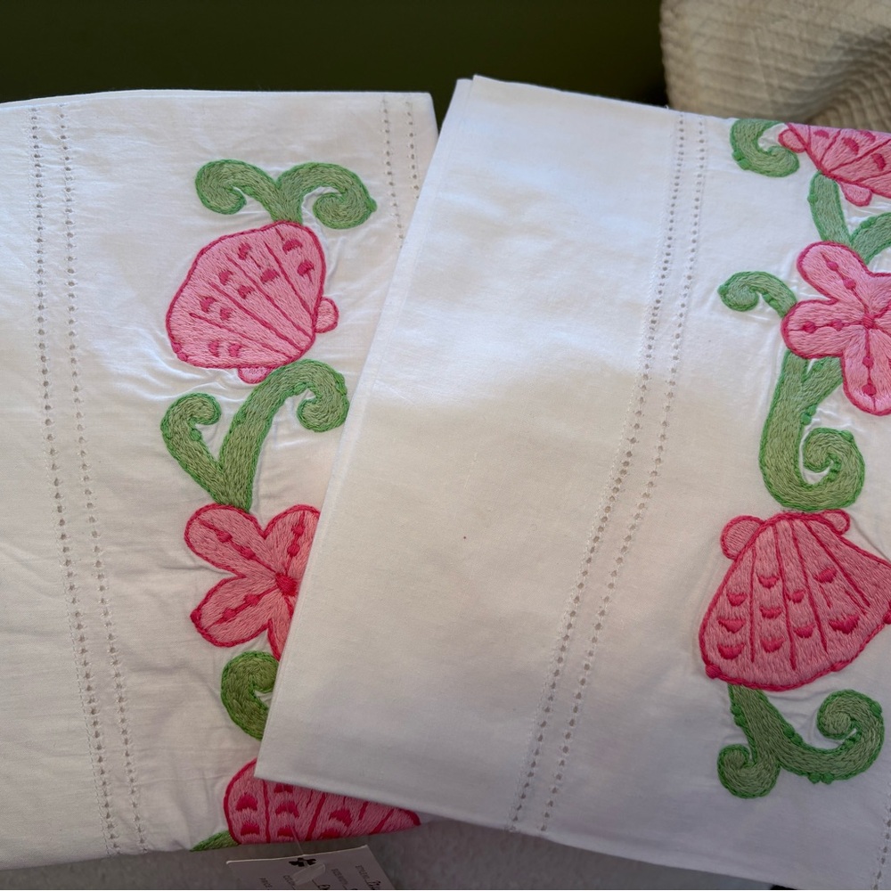 Lilly Pulitzer White Pillowcases with Pink and Green Floral Embroidery